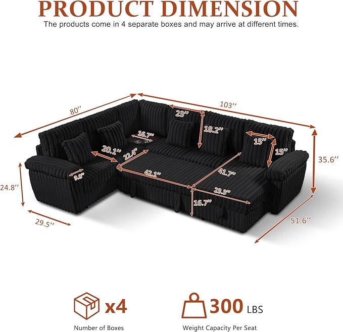 Modular Sectional Sleeper Sofa with Pull Out Bed, Storage Chaise & USB Charging, U Shaped Plush Corduroy Sectional Couches for Living Room, Comfy Convertible 7 Seat Cloud Sofa Bed, Dark Black