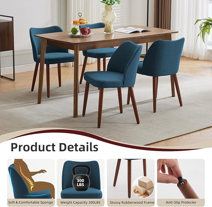 ElfinAura Dining Chair Set of 2, Linen Upholstered Dining Chair with Wood Legs, Wing Backrest, Wooden Kitchen Chair, Kitchen Chairs with Thick Cushions for Dining Room, Living Room, Blue