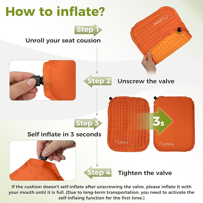 ATEPA Inflatable Seat Cushion, Self-Inflating Portable Stadium Airplane Travel Foam Cushion Pad for Camping, Sports Events, Outdoor