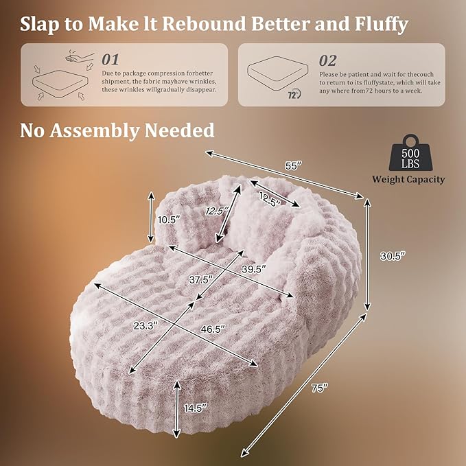 55" W Oversized Round Chaise Lounge Chair with Ottoman Indoor Boneless Faux Fur Plush Fluffy Circle Couch Soft Comfy Cozy Cloud Reading Chair with 5 Pillows for Living Room, Playroom, Bedroom - Pink