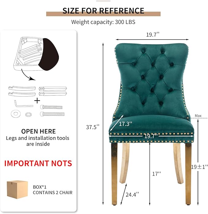 YeahFurn Mid Century Modern Dining Chairs Set of 2, Green Velvet Upholstered Tufted Back, Kitchen & Dining Room Chairs, Gold Metal Legs, Nailhead Trim, Sillas para Comedor (Green, 2 Pcs)