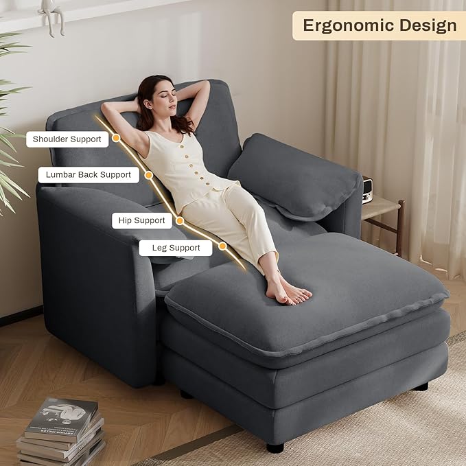 DAMAIFROM Oversized Chaise Lounge Chair Indoor with Ottoman, Firm Solid Wood Frame with Long Service Life Chenille Oversized Lounge Reading Chair for Study Room - Grey