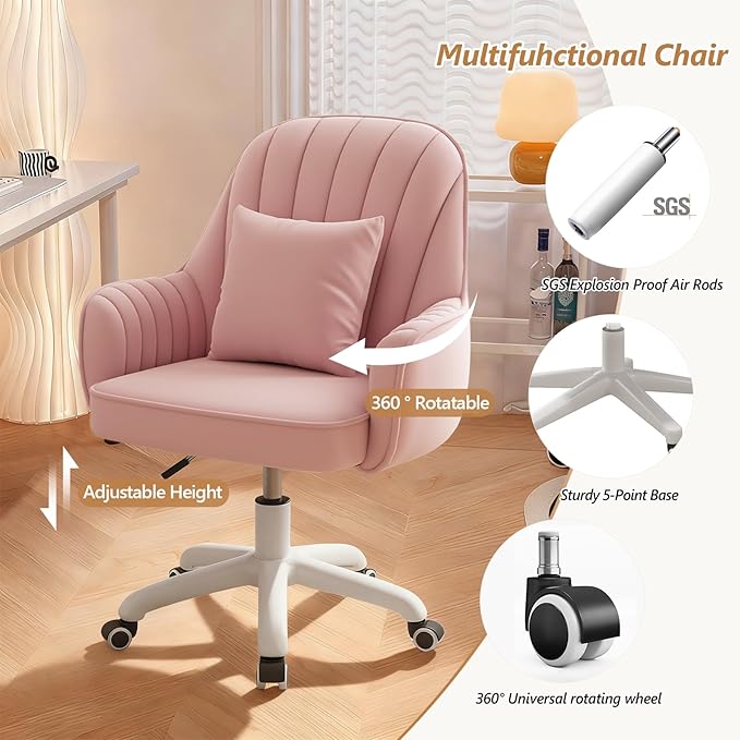 WXJHL Home Office Chair Velvet Vanity Chairs Cute Makeup Desk Chair with Wheels Mid Back Computer Chairs Height Adjustable Small Swivel Rolling Task Chair
