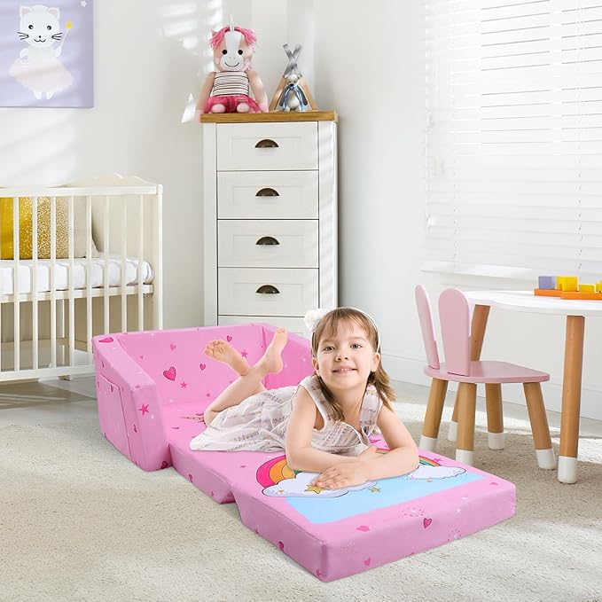 decalsweet Kids Couch Foldable Kids Sofa 2 in 1 Children Convertible Sofas to Lounger Fold Out Toddlers Sofa Bed for Playroom Bedroom Living Rooms Boys and Girls