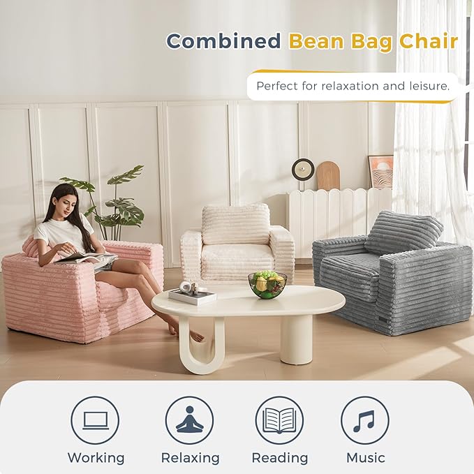 MAXYOYO Giant Bean Bag Chair for Adults, Upholstered Floor Sofa with Pillows and Armrests, Large Bean Bag Sofa Plush Chair Bean Bag Couch for Bedroom Living Room, Grey