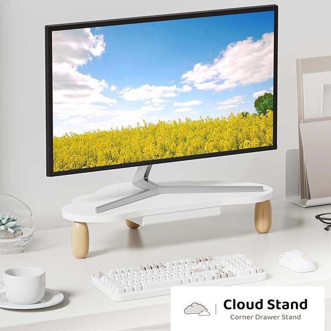 AFOOYO Cloud-Shaped Sturdy Wood Computer Monitor Stand Riser With Drawer, Multi-Purpose Desktop Organizer
