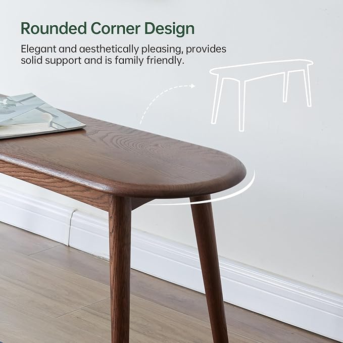 Vadisun 100% Solid Oak Wood Dining Bench, 47.2'' Entryway Bench Ottoman with Rounding Corner Design for Kitchen Living Room Bedroom, Walnut
