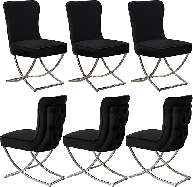 WUTUTUEE Luxury Velvet Dining Chairs, Tufted Upholstered Armless Accent Chairs with Silver Metal X-Legs, Modern Glam Dining Room Chair Set of 6, Black