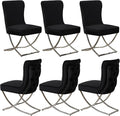 WUTUTUEE Luxury Velvet Dining Chairs, Tufted Upholstered Armless Accent Chairs with Silver Metal X-Legs, Modern Glam Dining Room Chair Set of 6, Black