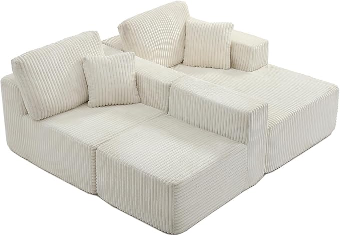 HYJT-H&K Modular Sectional Sofa Cloud Sectional Couch, 107" Comfy Fluffy L Shaped White Couches for Living Room, Deep Seat Memory Foam Plush Corduroy Boneless Couch Sectionals Right Facing Chaise Sofa