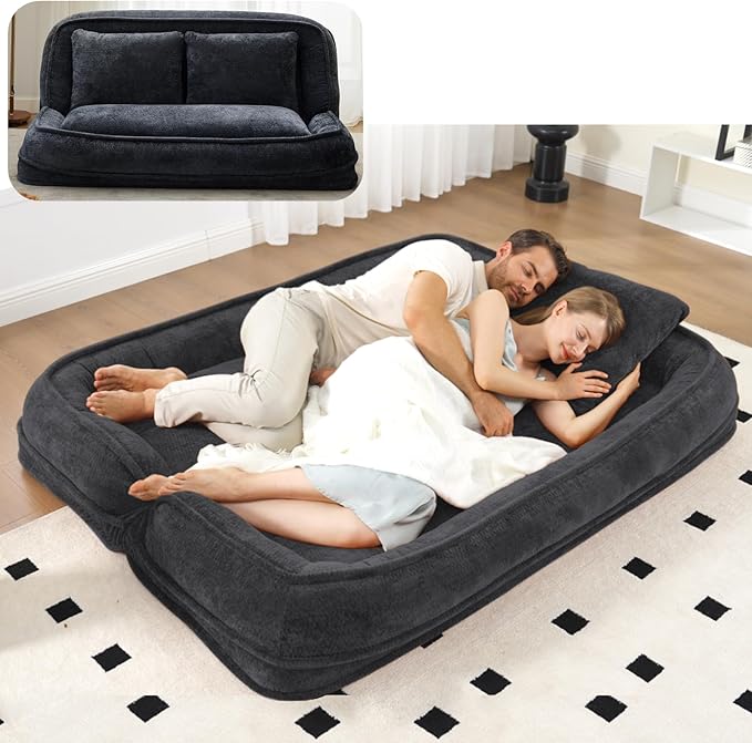 Foldable Lazy Sofa Bed, Chenille Upholstered Human Dog Bed for Adults, 2 in 1 Convertible Floor Sofa with 5 Adjustable Backrest Positions and Soft Cushions for Living Room (Black)