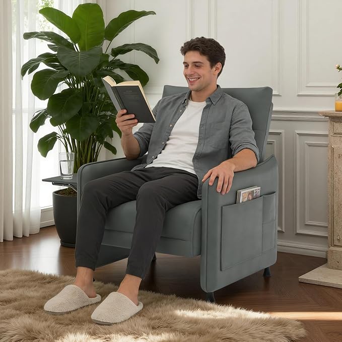 Tbillionnext Upholstered Accent Sofa, Modern Faux Leather Sofa Chair with Hidden Foldable Tray & Side Pocket, Rear Contour Arm Design, Small Accent Sofa for Bedroom, Gray