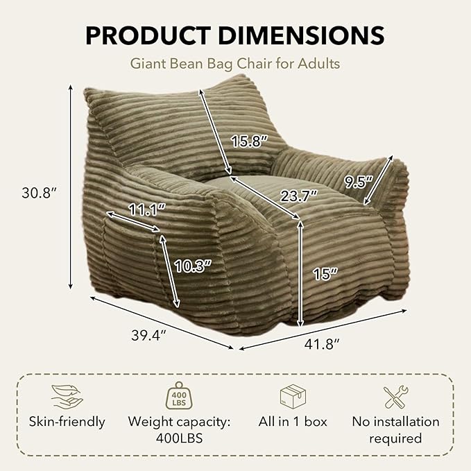 Giant Bean Bag Chair for Adults, Corduroy Upholstered Beanbag Chair with Side Pocket, Comfy Bean Bag Sofa with Portable Handle, Floor Sofa Chair for Bedroom (Green)