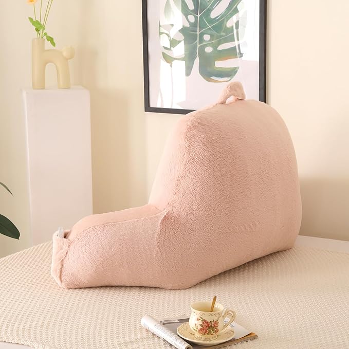 PAJEO Reading Pillow for Sitting in Bed, Large Backrest Reading Pillow with Arm Rest,Back-Rest Support Cushion for Sit Up on Couch, Sofa, and Floor(Shell Pink Faux Fur, Standard(17"))