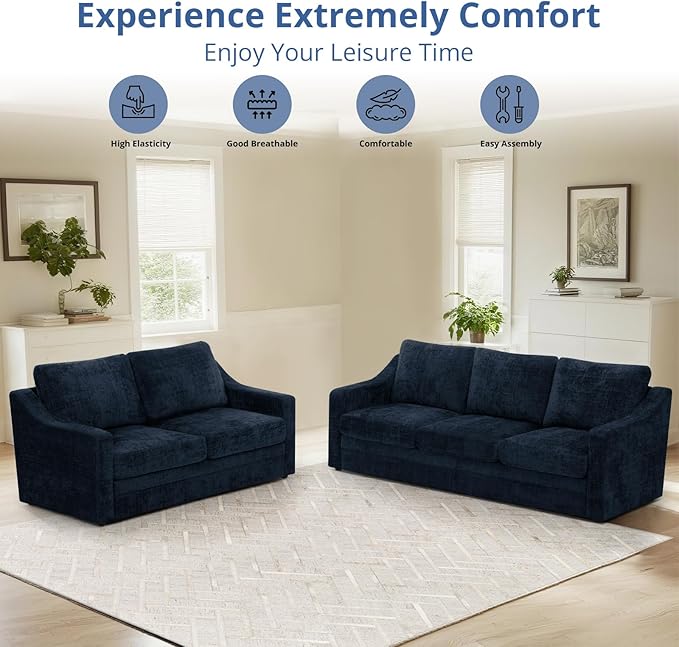 ACMEASE 2 Pieces Chenille Sofa Sets w/Comfortable Back Cushions, Modern Loveseat & Sofa w/Deep Seat Space, Upholstered 2 Seat & 3 Seats Couch Sets w/High Resiliency Foam for Living Room, Office Blue