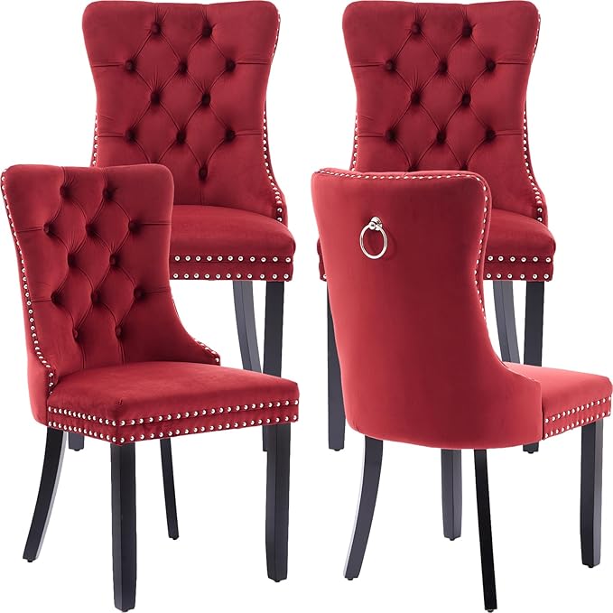 YeahFurn Mid Century Modern Dining Chairs Set of 4, Velvet Upholstered Kitchen & Dining Room Chairs with Nailhead Trim & Solid Wood Legs, Tufted Kitchen Chairs, Elegant Sillas De Comedor (Red, 4 Pcs)