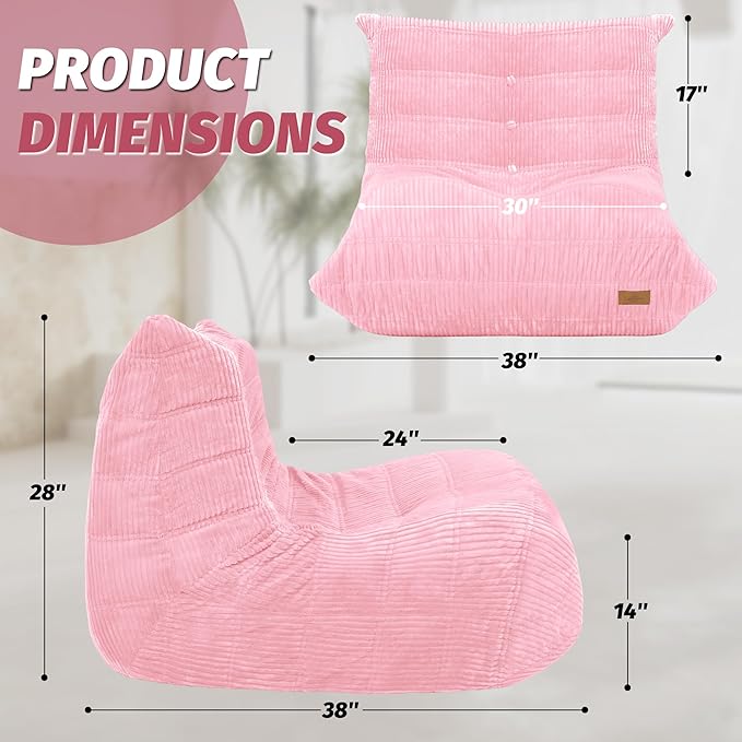 Bean Bag Chair,Giant Beanbag Chairs for Adults,Comfy Large Fireside Chair Lazy Sofa,Corduroy Bean Bag Lounger with Memory Foam Filled,Floor Sofa Couch for Home,Dorm,Living Room (Pink)