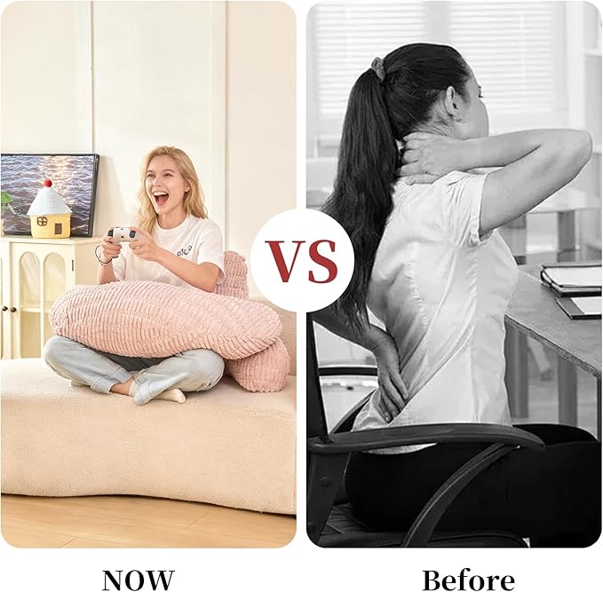 PAJEO Back Pillow for Bed Sitting Up,U Shaped & Back Support Pillow for Bed,17" Backrest with Lumbar & Arm Support,Comfy Corduroy Fabric,Lap Pillow for Gaming/Reading/Watching TV,Pink