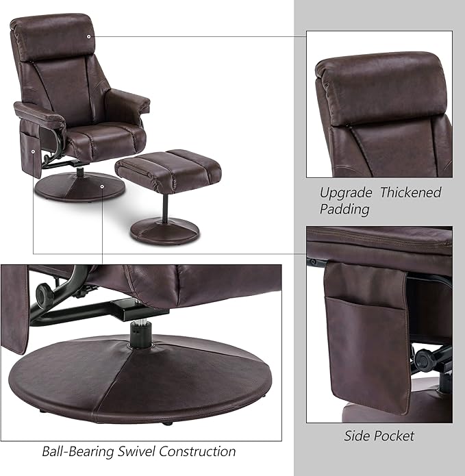 MCombo Swivel Recliner with Ottoman, TV Chair with Vibration Massage, Ideal for RV Small Space, Living Room & Bedroom 4539 4828 (Faux Leather, Dark Brown)