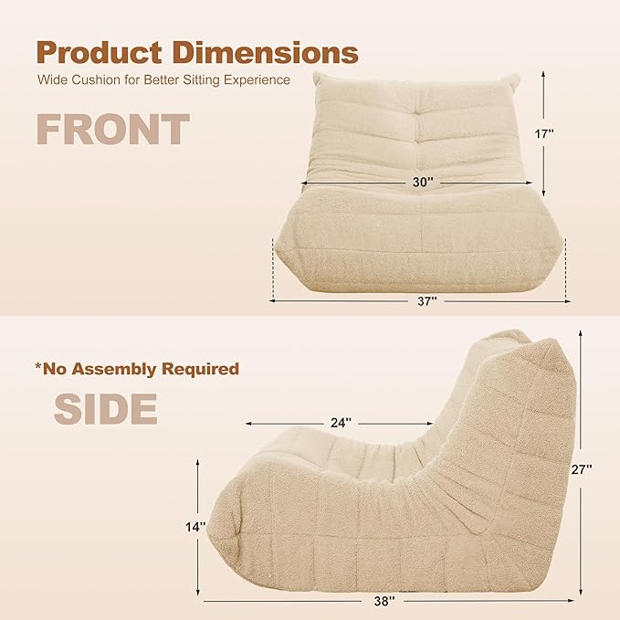 Bean Bag Chair Big Sofa Beanbag Chair for Adults Fireside Chair Bean Bag Lounger with Memory Foam Filled for Home,Apartment or Gaming Venue(Khaki Teddy)