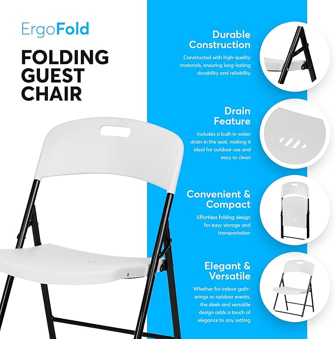 Oline Folding Chair, Indoor Outdoor Plastic Commercial Stackable Foldable Guest Chairs for Events Office Wedding Party Picnic Kitchen Dining, 350lb Capacity (White, 2 Pack)