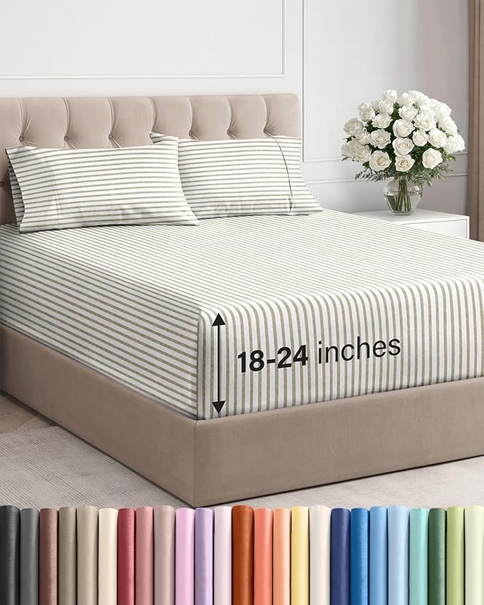 Extra Deep Pocket Full Sheets - 4 Piece Breathable & Cooling Bed Sheets - Hotel Luxury Bed Sheet Set - Soft, Wrinkle Free & Comfy - Easily Fits Extra Deep Mattresses - Deep Pocket Beige Striped Sheets