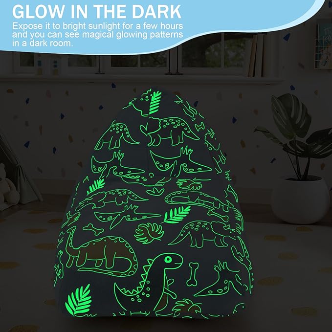 COMAX Dinosaur Bean Bag Chairs for Kids, Kid Beanbag Chair with Filler, Toddler Lounge Bean Chair, Children Lazy Floor Lounger for Girls Boys, Glowing Blue Dino