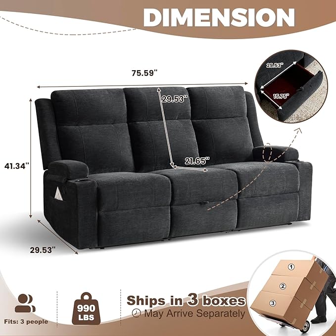 PALLOME Chenille Reclining Sofa 3-Seater with Convertible Table, Storage Ottoman & Cup Holders | Modern Space-Saving Couch, Ergonomic Living Room Furniture (Black)