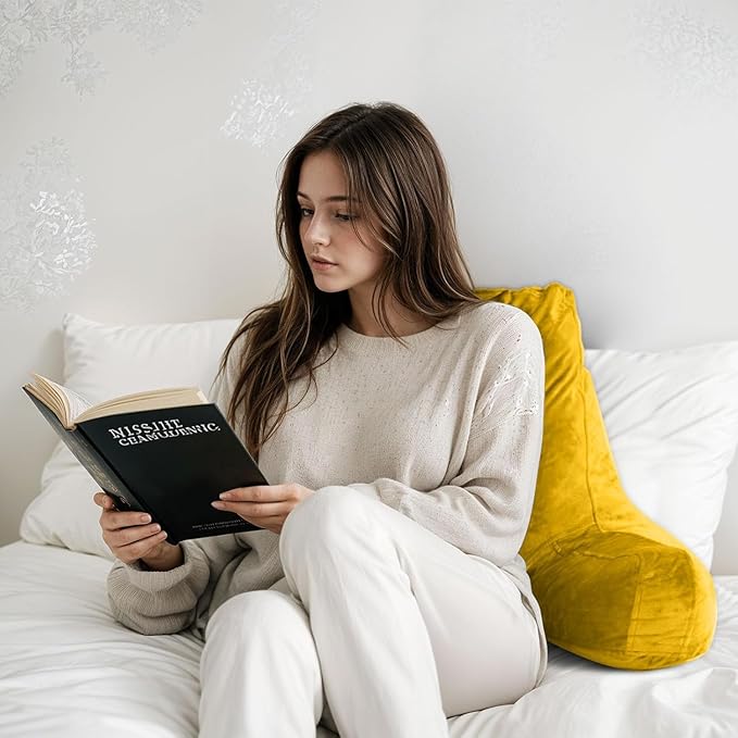 OAISZ Reading Pillow for Sitting in Bed Adult, X-Large Reading Pillow with Shredded Memory Foam, Back Pillow for Sitting Up with Extend Arms, Pockets, Bed Pillow with Washable Cover, Yellow