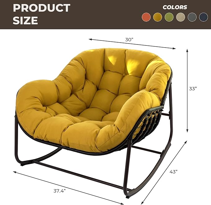 Sgentle Papasan Rocking Chair Outdoor, Oversized Patio Rocking Chair with Cushions & Steel Frame, Wicker Egg Lounge Chair Indoor, Comfy Reading Chair for Patio, Deck, Porch (Yellow, Style 1)