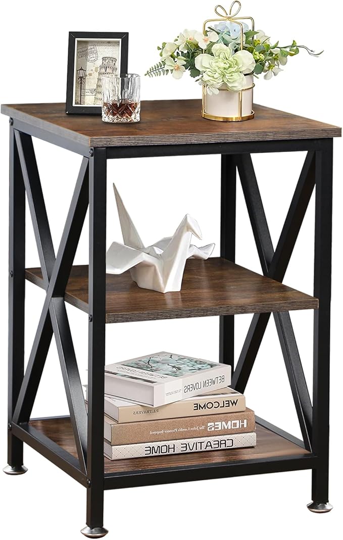 TooCust Square End Table with Storage Shelf, 16" D X 16" W X 24" H, 3-Tier End Table Living Room, Rustic Brown End Tables, X-Shaped Night Stand for Bedroom, Farmhouse Wood End Tables