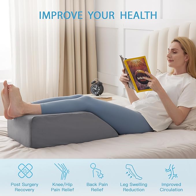 MEGCXIT Leg Pillow Elevation Blood Circulation, Leg Wedge for Elevation for Swelling, Leg Elevating Pillow for After Surgery, Memory Foam Foot Knee Pillow for Back Sleeping 24×22×8 Inch Short Plush