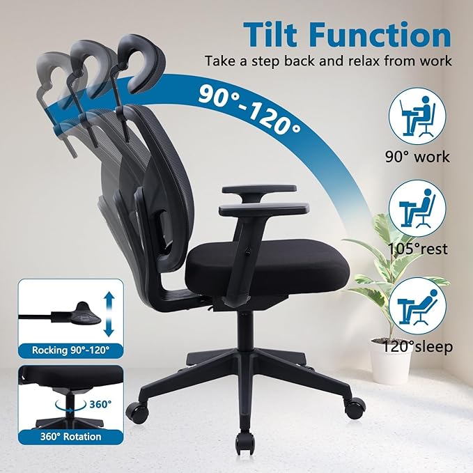 CLATINA Heavy Duty Ergonomic Office Chair 400LBS, Big and Tall Desk Chair with Adjustable Lumbar Support Mesh Back & Headrest, Swivel Computer Task Chair with 3D Arms for Home, Conference, Black, 6PCS