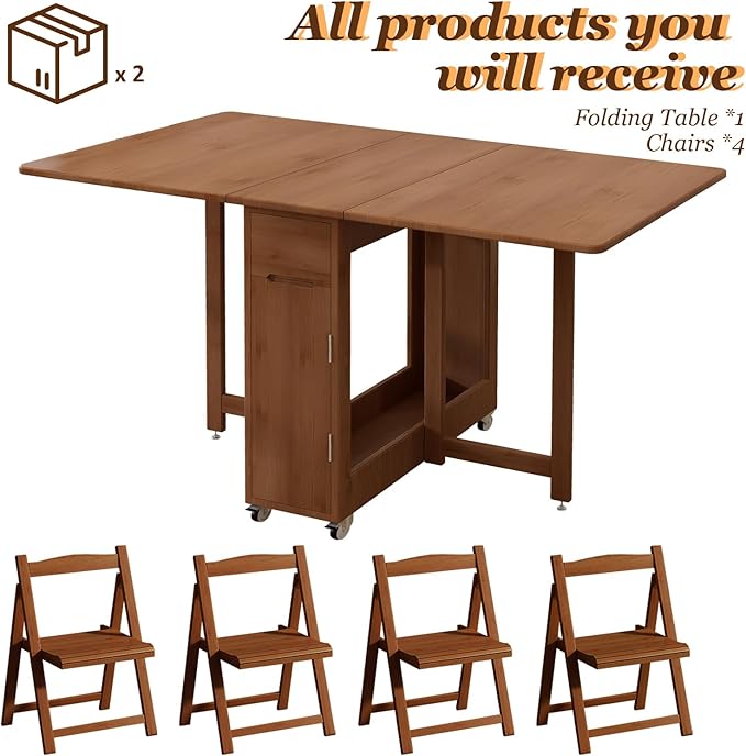 Bamboo Folding Dining Table Set for 4, Extendable Drop Leaf Foldable Table with Lockable Wheels & Storage for Small Spaces Kitchen Dining Room, Collapsible Dinette Expandable Rectangle (Brown)