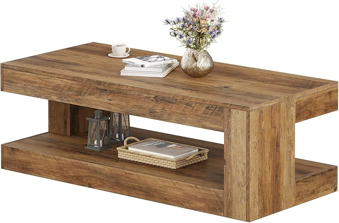 Tribesigns Coffee Table for Living Room, 47.24 Inch Farmhouse 2-Tier Accent Center Tea Cocktail Table with Storage, Brown, Rectangle