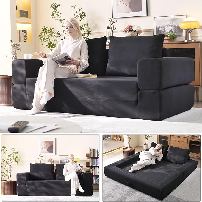 79'' Convertible Sleeper Sofa Bed, 3-in-1 Foldable Floor Couch with Corduroy Upholstery, No Assembly Loveseat, Light Brown Lounge Mattress for Living Room, Studio, Guest Room