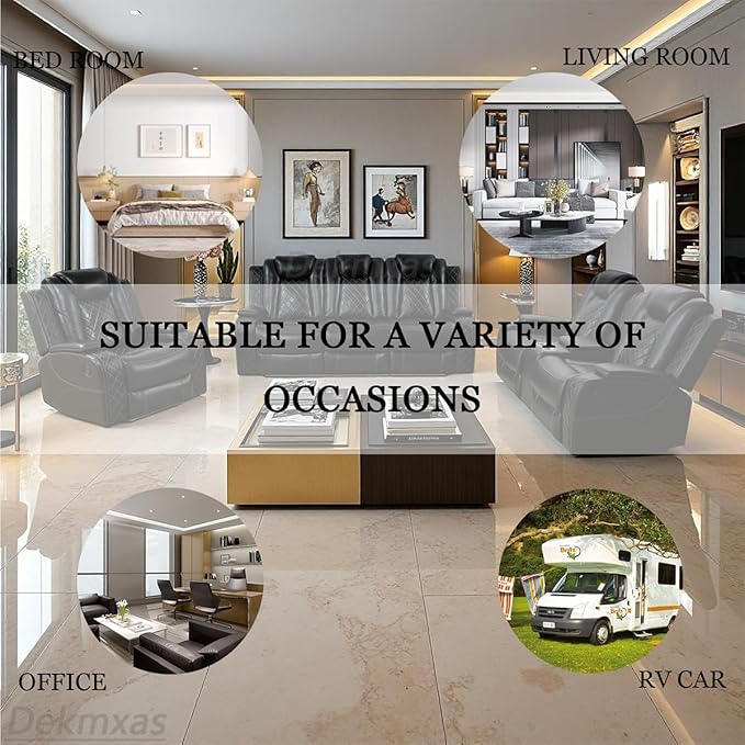 Dekmxas Modern Living Room Furniture Sets, Power Reclining Sofa Set, 3-Pieces Breathing Leather Black Power Recliner Sofa Couches Set with Storage Console/Cup Holder/LED Light for Office/Living Room