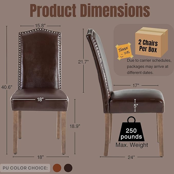 SNUGWAY Upholstered Dining Chair Stylish Parsons Kitchen High Back with Silver Nailhead Trim & Wood Legs, 6-Pack, PU Dark Brown