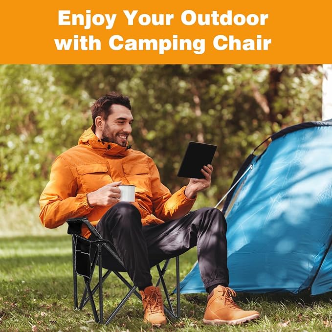 SAILARY Folding Camping Chair Portable Outdoor Heavy Duty Padded Chairs Lawn Chair with Cup Holder, Storage Pocket and Cooler Bag, Supports 450LBS Black