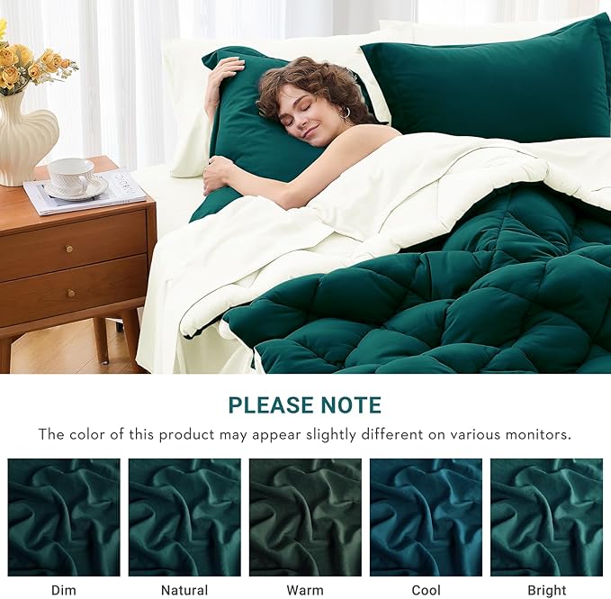 MUXHOMO 7 Pieces Full Comforter Set, Reversible Bed in a Bag Full Size, All Season Bedding Set with Comforter, Flat Sheet, Fitted Sheet, Pillowcases & Shams, Peacock Blue & Ivory