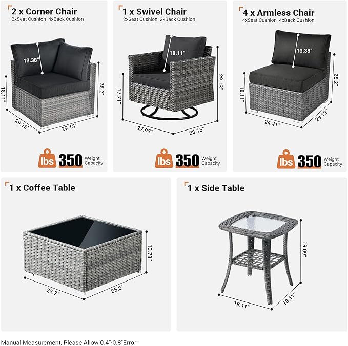 ovios Outdoor 9 Piece Coversation Set with Swivel Rocking Chair,Sectional Patio Furniture Set with All-Weather Wicker Sofa,Modern Outside Couch for Balcony Backyard Pool, Black