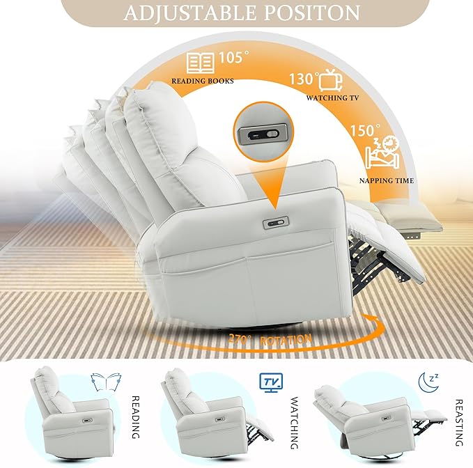 QKFF Power Swivel Rocker Recliner Chair for Nursery, Upholstered 270° Swivel Glider Rocker Chair with USB Ports, Small Power Recliners for Small Spaces Living Room (Light Grey)