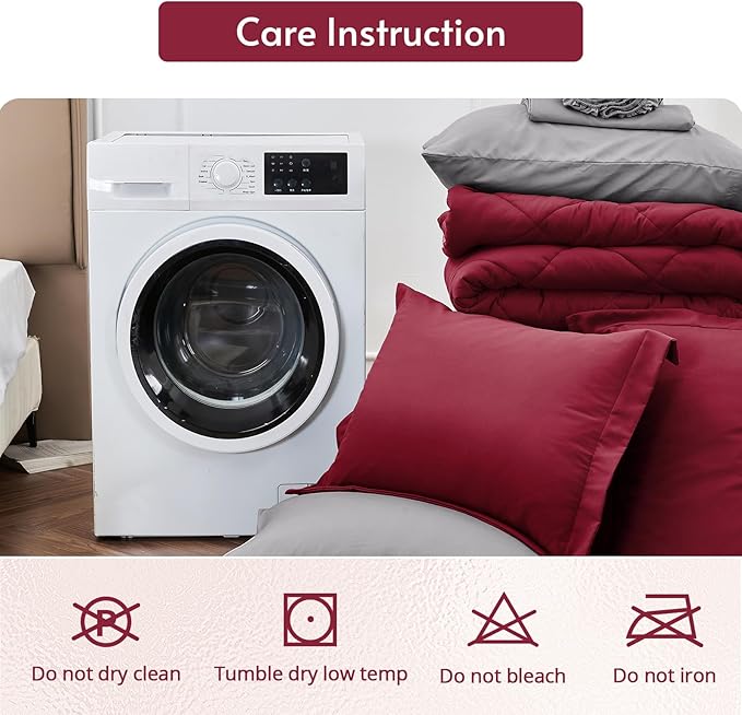 MUXHOMO 7 Pieces Queen Comforter Set, Reversible Bed in a Bag Queen Size, All Season Bedding Set with Comforter, Flat Sheet, Fitted Sheet, Pillowcases & Shams, Burgundy & Grey