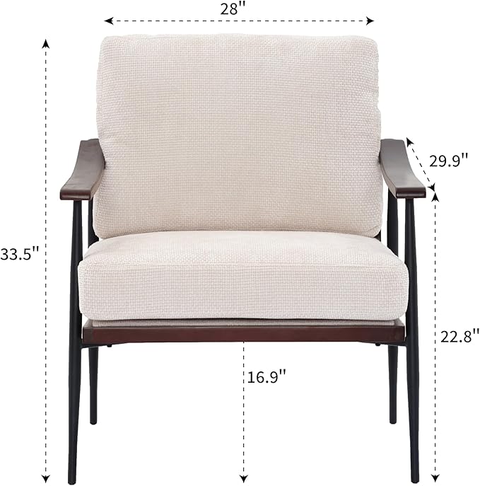 Furrnook Modern Accent Chair, Mid Century Modern Accent Chairs, Linen Fabric Arm Chair with Wood Armrests, Upholstered Leisure Chair for Living Room, Bedroom, Reception Room, White