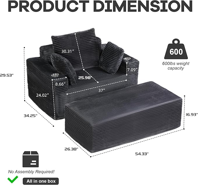 54"W Oversized Chaise Lounge Chair Indoor, Boneless Chaise Lounge Couch, Convertible Comfy Reading Chairs, Compression Sofa with Ottoman, Corduroy Sleeper Couch Chair for Living Room, Dark Grey