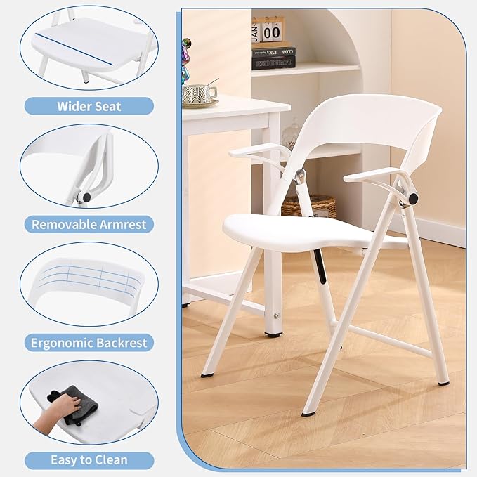 KAIHAOWIN 2 Pack Plastic Folding Chair with Armrest, Heavy Duty Foldable Chairs with Steel Frame Commercial Stackable Guest Chairs for Indoor and Outdoor-White