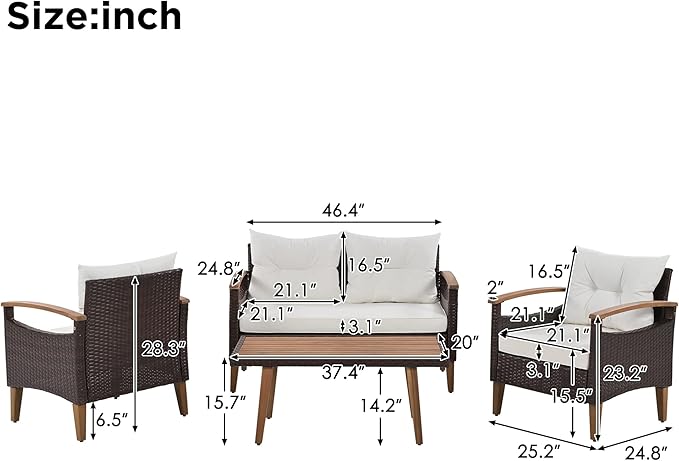 Merax Patio Furniture Sets 4 Pieces, All Weather Outdoor PE Rattan Sofa with Wood Table and Legs, for Lawn, Backyard, Poolside or Garden, Beige