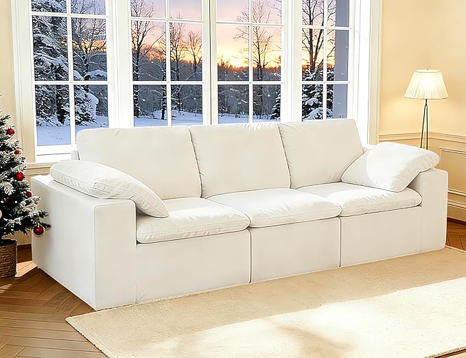 ANONER 108" Cloud Sectional Couches for Living Room, 3 Seater Boneless Couch, Cloud Modular Sectional Sofa with Soft Pillow, Deep Seats Chenille Cloud Couch, No Assembly, Beige