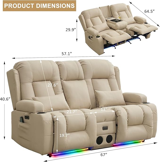 URRED Loveseat Recliner Sofa with Massage and Heat, Power Reclining Loveseat Sofa RV Couch with Console, Home Theater Seating with LED Lights, Bluetooth Speakers, USB, Outlets, Leathaire Beige