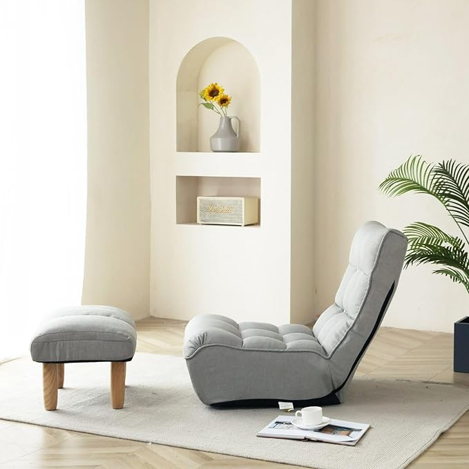 Adjustable Floor Chair with 3-Stage Regulation, Foldable Lazy Sofa Chair with Footrest, Padded Linen Tufted Backrest, Ergonomic Gaming Lounger for Living, Bedroom, Balcony, Grey